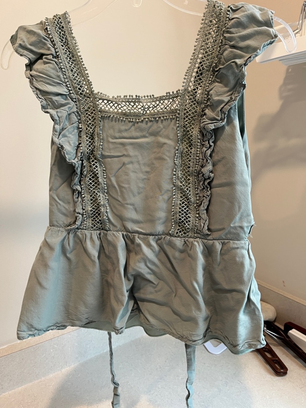 Sage Green Ruffle Crochet-Trim Peplum Tank Top